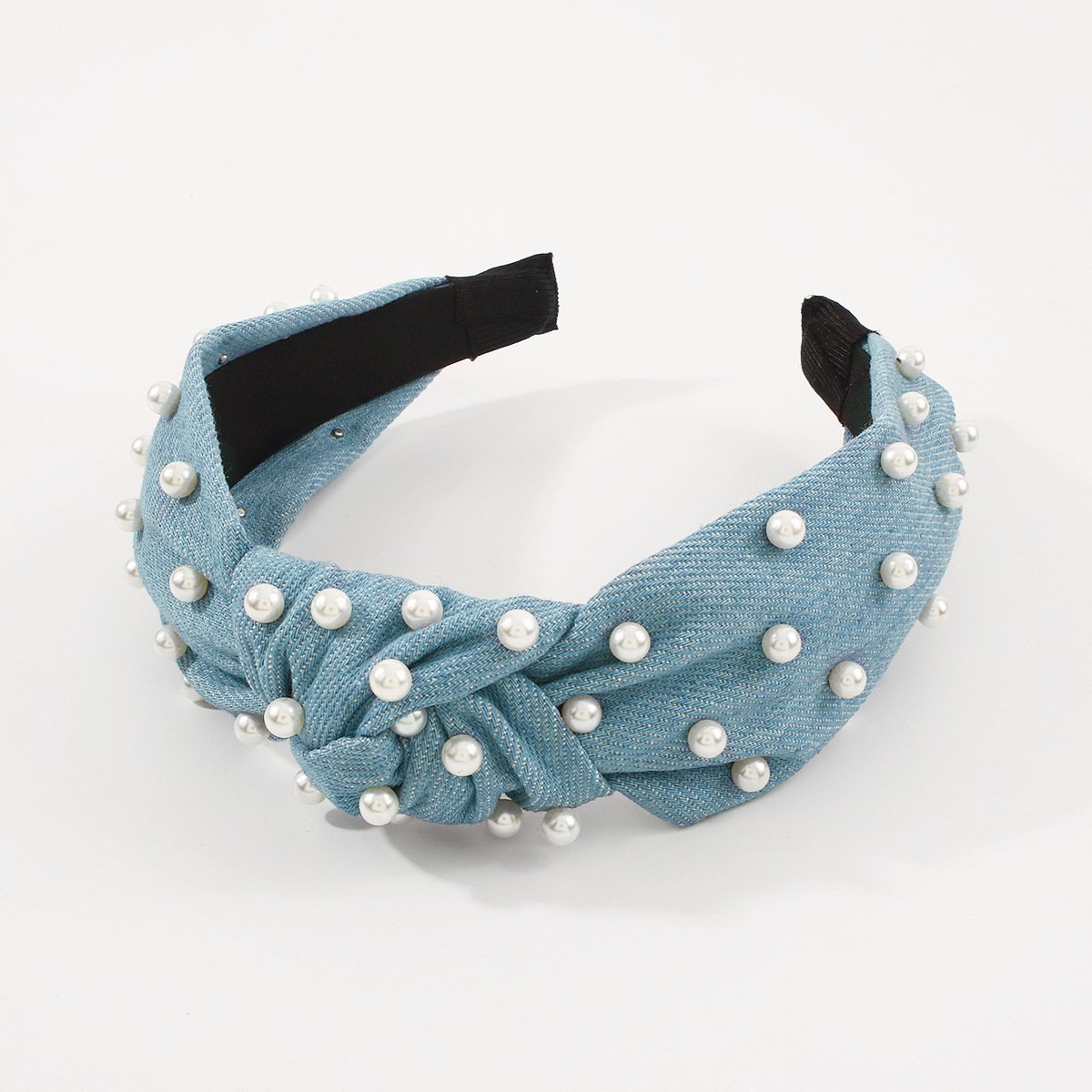 F479 Simple solid color knotted headband imitation pearl denim daily going out washing face ladies headband