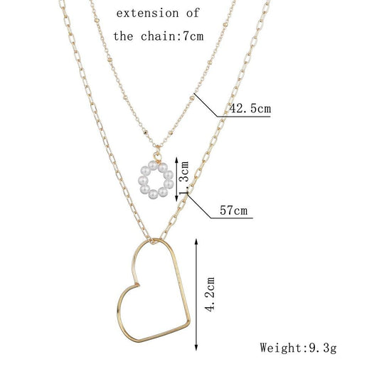 Vintage Double Layer Pearl Necklace Fashion Simple Metal Heart Necklace Accessories