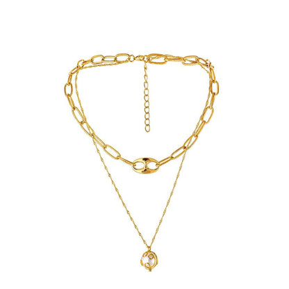 Personalized pig nose collarbone necklace fashion double temperament pearl hollow metal necklace