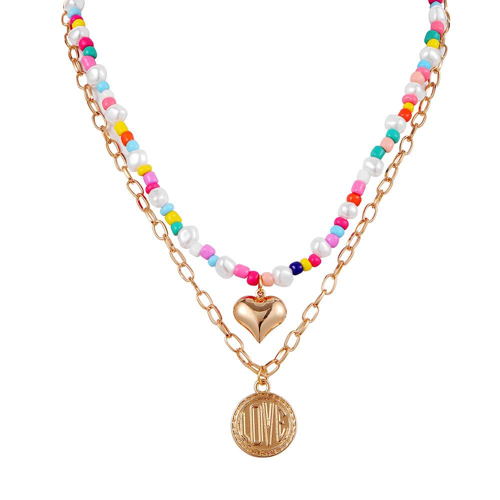 Bohemia Double Love LOVE Coin Color Bead Necklace Personality Fashion Clavicle Chain