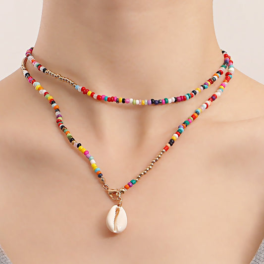 Jewelry bohemian double-layer color rice bead shell necklace female ins beach