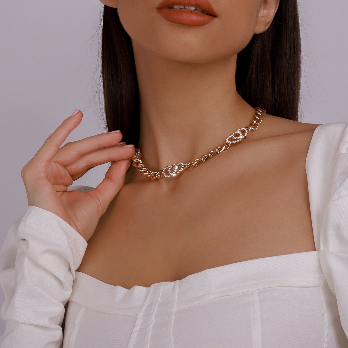 N1427 Double Love Geometric Necklace Micro-inlaid Niche Exaggerated Chain Necklace French Vintage Necklace Female