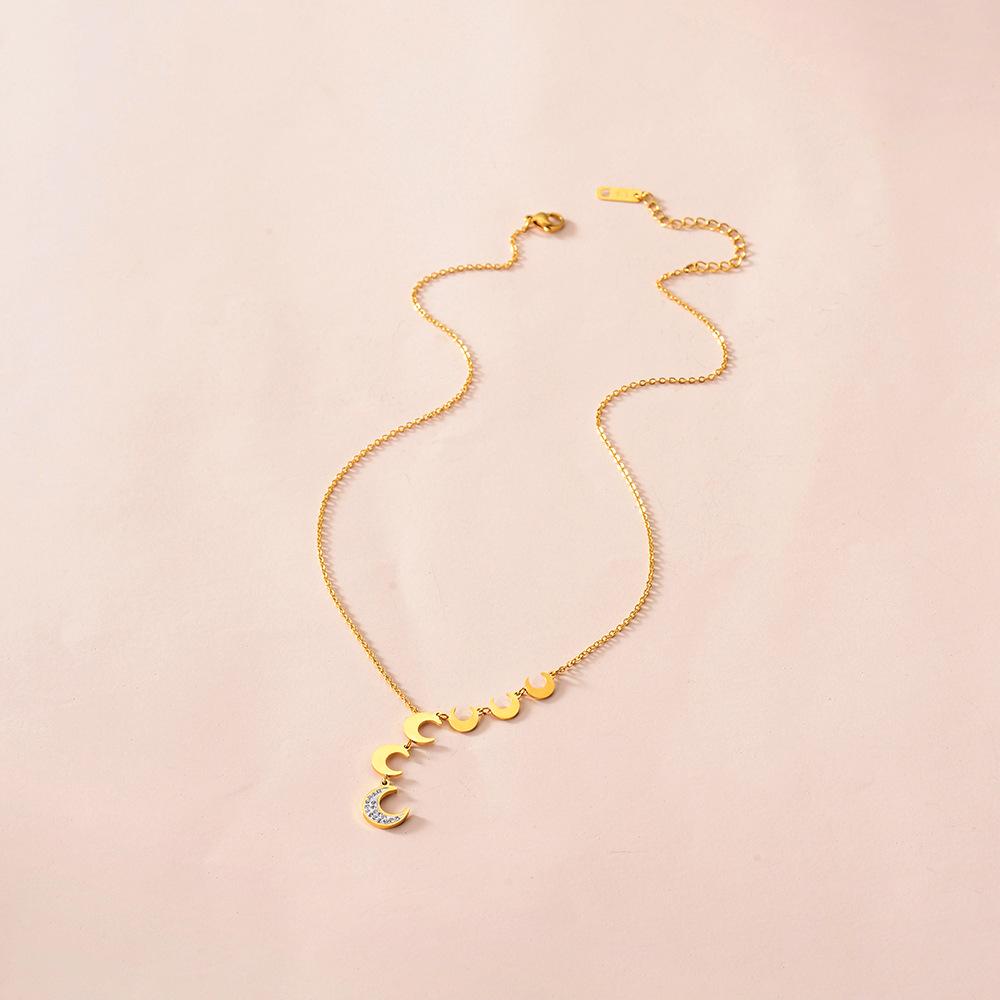 Minority diamond-encrusted moon tassel pendant all-match fashion titanium steel gold-plated crescent moon necklace for women