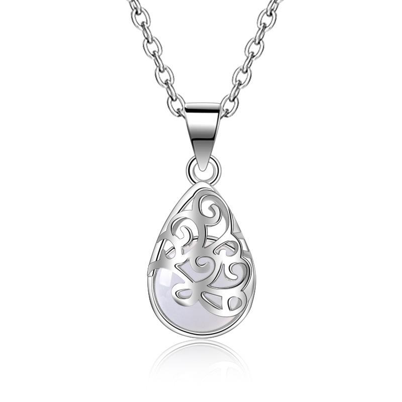 Fashion Jewelry Necklace Female Cat Eye Imitation Moonstone Pendant Hollow Geometric Water Drop Jewelry
