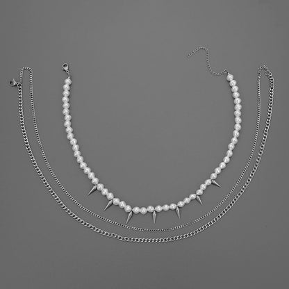 Cold exaggerated trendy stainless steel bullet three-layer pendant titanium steel domineering pearl men's clavicle necklace