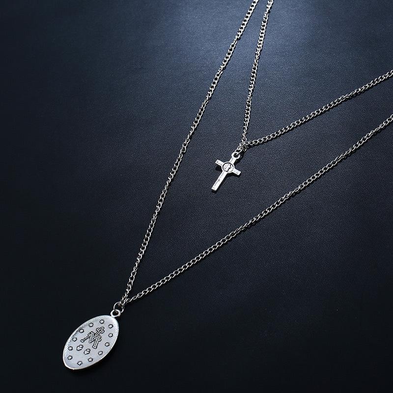 Grid Long Chain Cross Necklace Alloy Virgin Pattern Pendant Necklace
