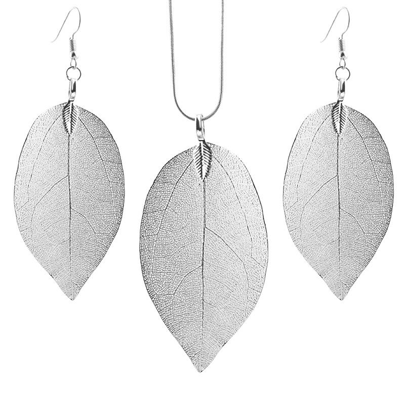 Jewelry Fashion Simple Leaf Necklace Earrings Leaf Specimen Sweater Chain Earrings Three-piece Set