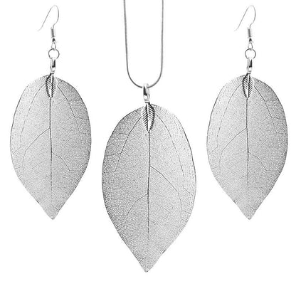 Jewelry Fashion Simple Leaf Necklace Earrings Leaf Specimen Sweater Chain Earrings Three-piece Set