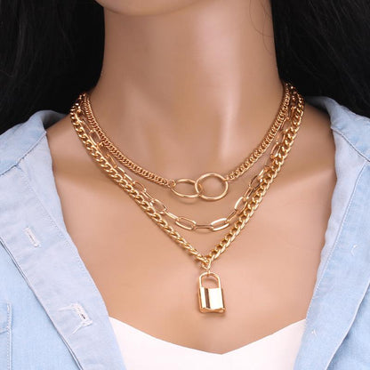 Jewelry Personality Ring Decorative Necklace Hip-Hop Rock Trend Padlock Accessories Multi-layer Set Chain