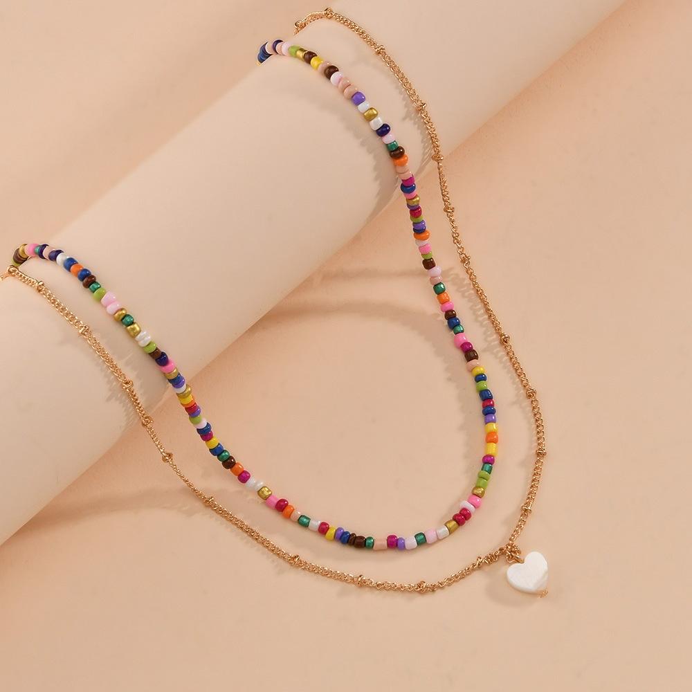 Fashion Shell Piece Heart Pendant Necklace Bohemian Rice Beads Clavicle Chain Necklace Accessories