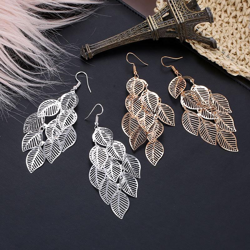 Fashion OL simple gold and silver multi-layer hollow leaf earrings long leaf earrings