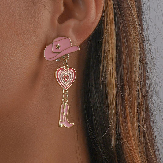 E1365 Popular Jewelry Modern Trendy Girl Earrings Hat Love Cowboy Boots Drip Oil Multilayer Earrings