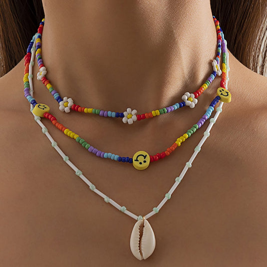 Vacation Shell Smiley Rice Bead Woven Necklace Female Simple Daisy Color Stacked Necklace