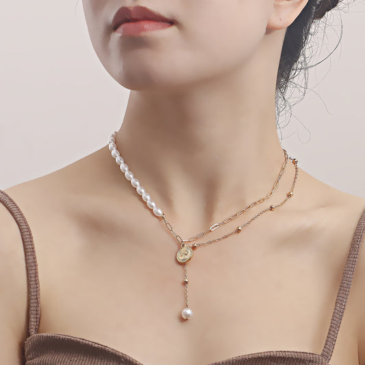 Jewelry punk imitation pearl queen head coin pendant necklace female hot girl ins niche design sense