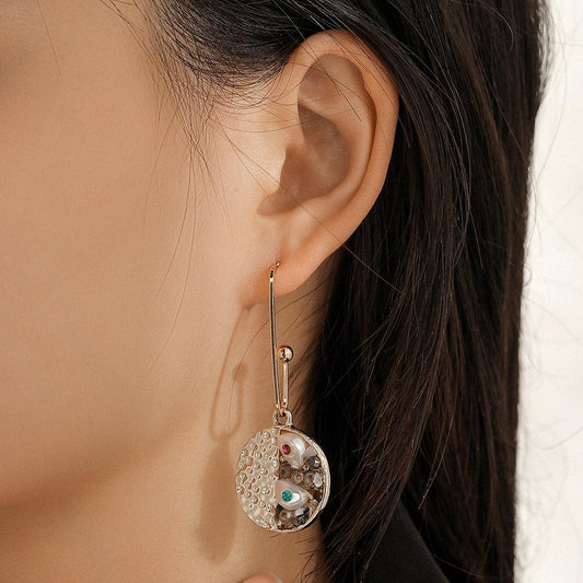 Creative Retro Baroque Gravel Pearl Round Earrings Temperament Long Paper Clip Diamond Earrings