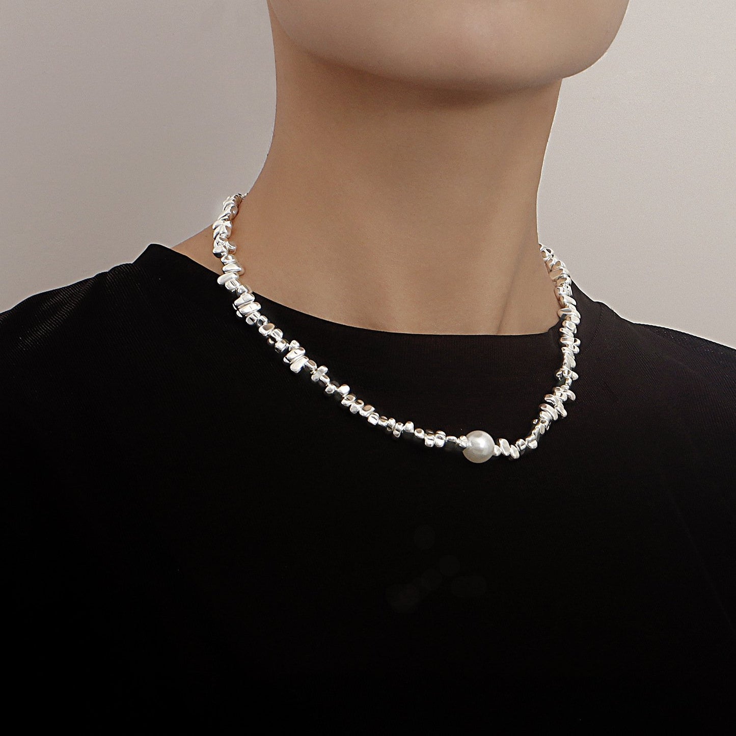 Jewelry Broken Silver Geometric Irregular Pearl Pendant Necklace Clavicle Chain Personality Trendy Cool Necklace