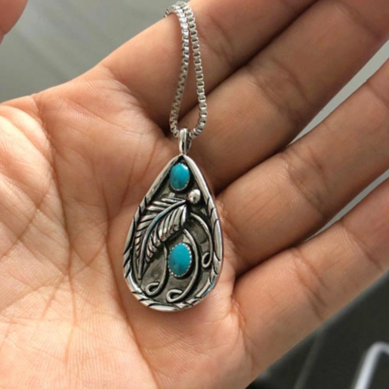 Summer Bohemian Vintage Pendant Necklace Women Imitation Turquoise Feather Tag Jewelry
