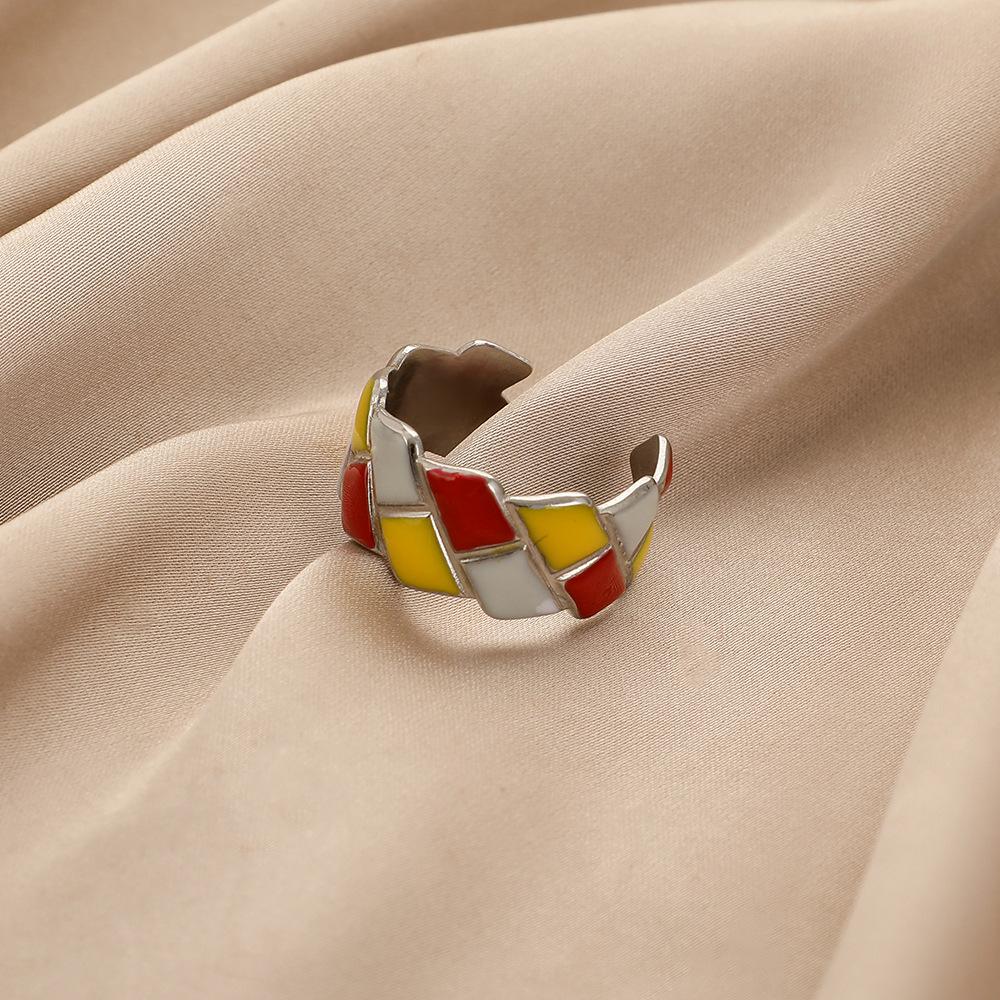Fashion niche design personality stainless steel color checkerboard drop oil geometric opening ring female