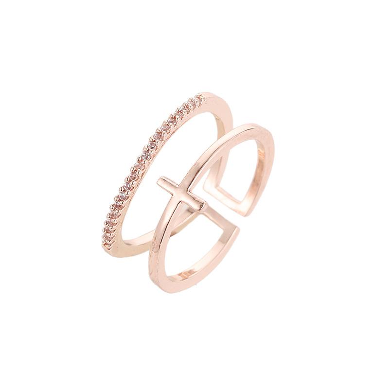 Rose gold cross gold-plated inlaid ring simple multi-layer open ring