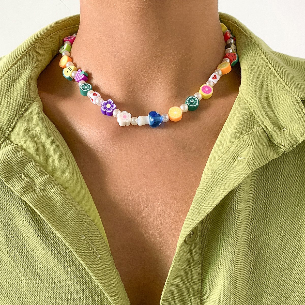 Jewelry Personality Design Random Daisy Fruit Necklace Imitation Pearl Mushroom Clavicle Single Layer Necklace