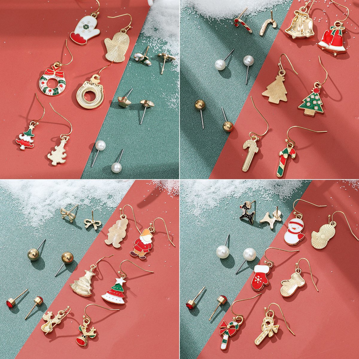 Christmas series snowflake bell earrings combination set cartoon oil dripping cane old man earrings female