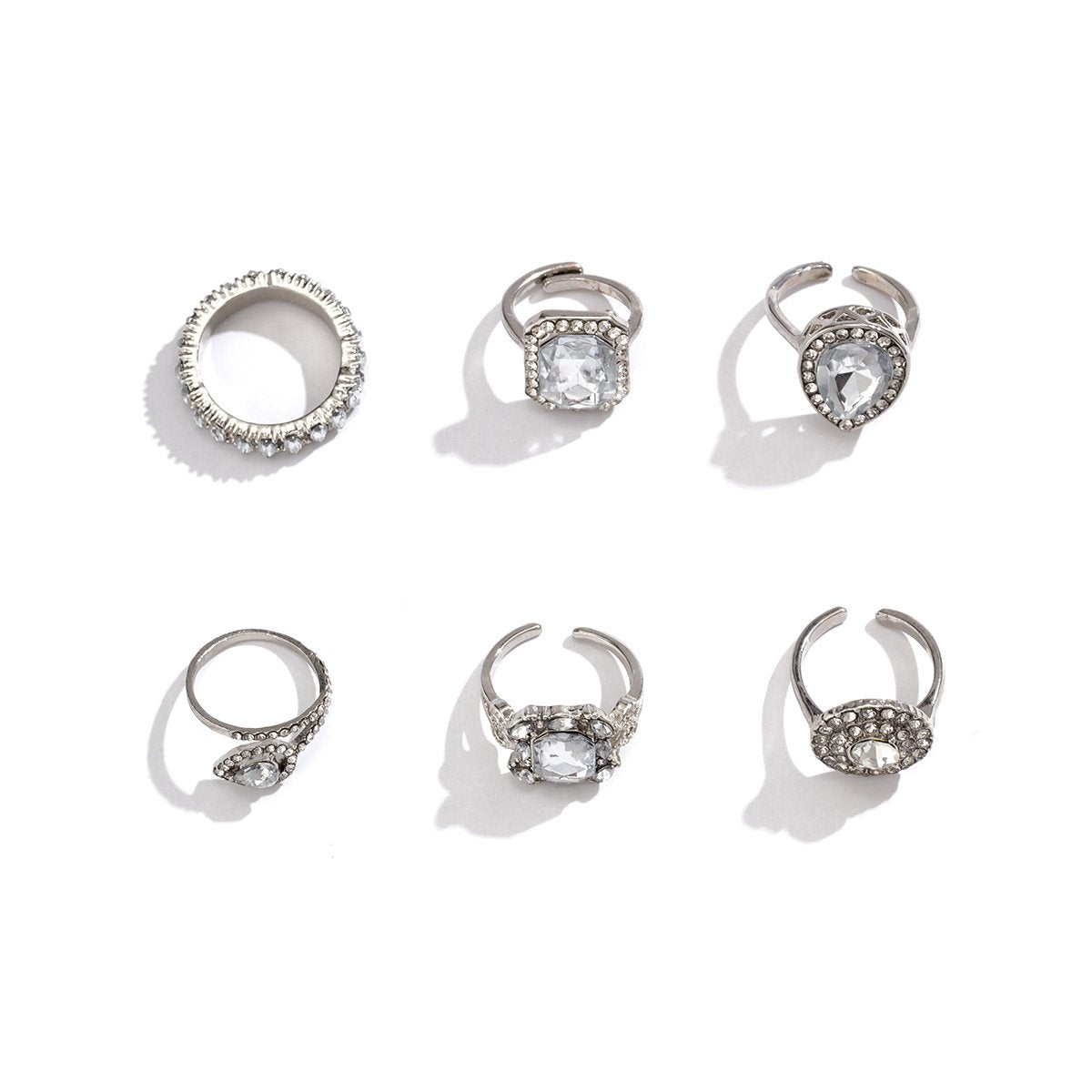 Jewelry Retro Light Luxury Diamond Gemstone Ring Set Fashion Trend Geometric Metal Ring Female