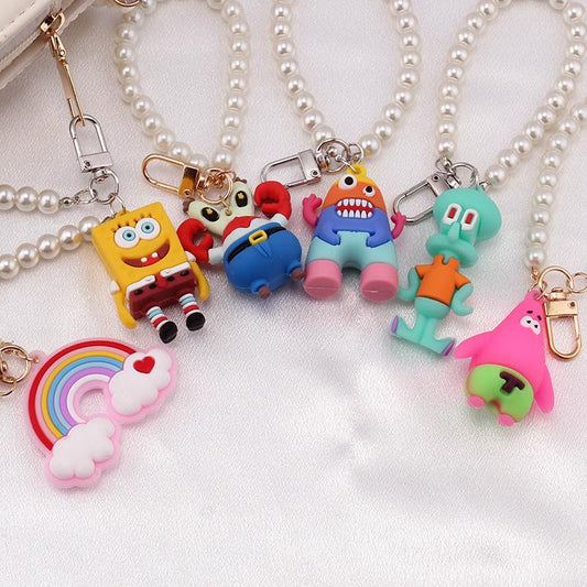 Creative Monster Rainbow Keychain Simple and Cute SpongeBob SquarePants Combination Soft Pottery Bag Pendant Pearl Chain