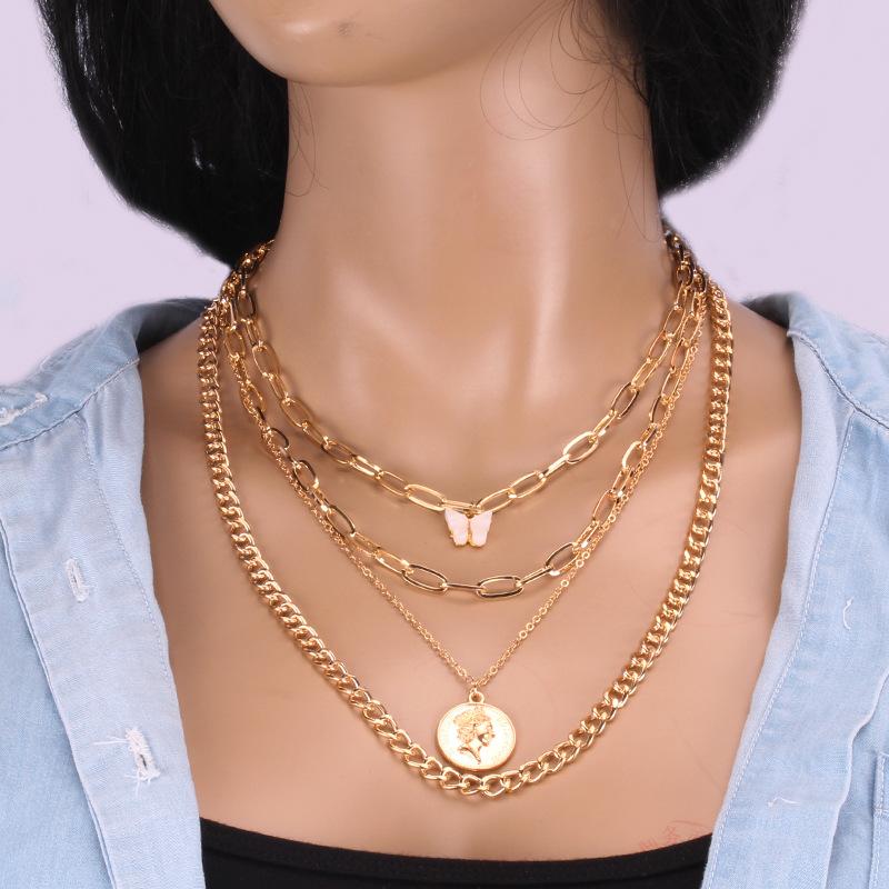 Hip Hop Metallic Acrylic Butterfly Multilayer Necklace Embossed Queen Like Geometric Clavicle Chain