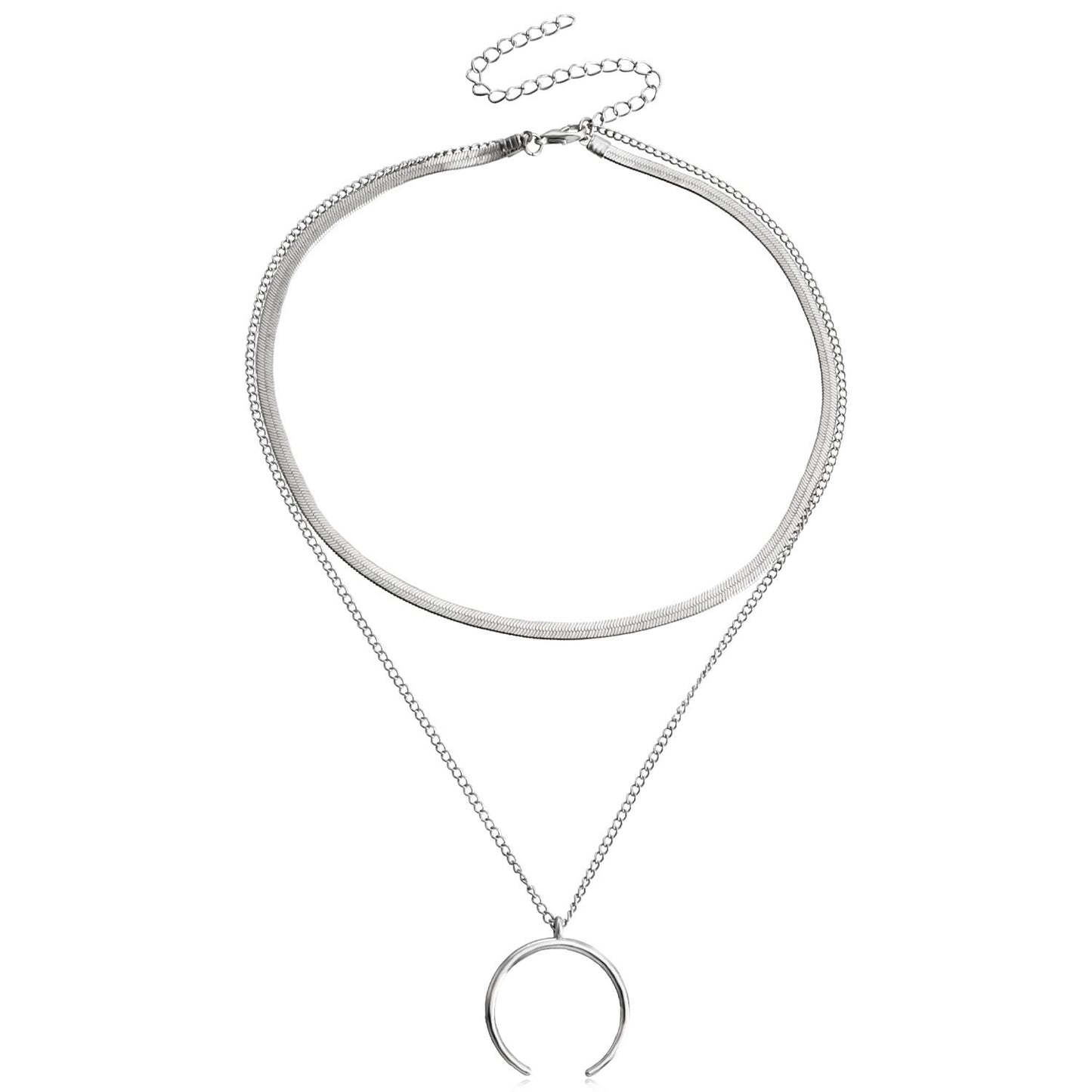 Jewelry trendy double-layer flat snake chain crescent pendant necklace female cold metal texture necklace