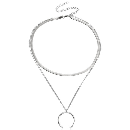 Jewelry trendy double-layer flat snake chain crescent pendant necklace female cold metal texture necklace