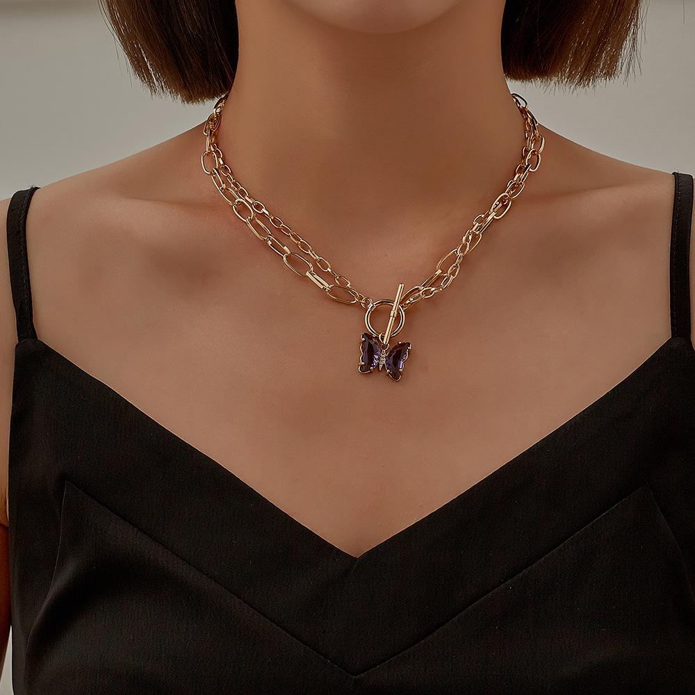 Copper micro-inlaid dream transparent color crystal butterfly pendant fashion double chain OT buckle necklace for women