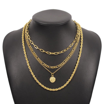 N9325 Punk Chain Necklace Metal Texture Hip-Hop Circle Necklace Fashionable Creative Multilayer Necklace