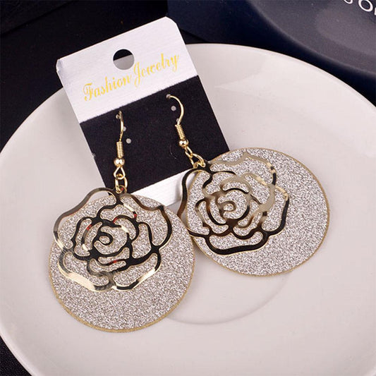 Rose Flower Frosted Earrings Ear Jewelry Alloy Double Layer Swing Creative Earrings