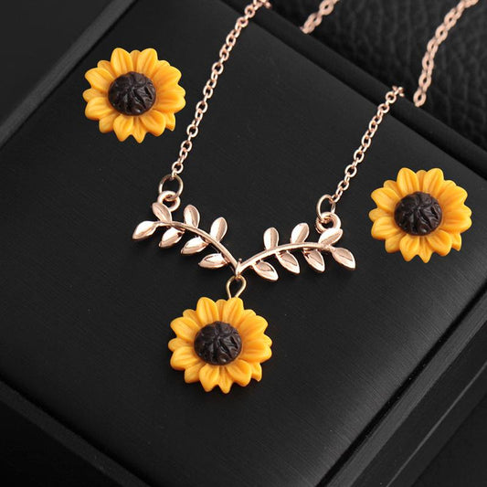 Sunflower leaves flower pendant collarbone chain necklace earrings set branches three-piece set