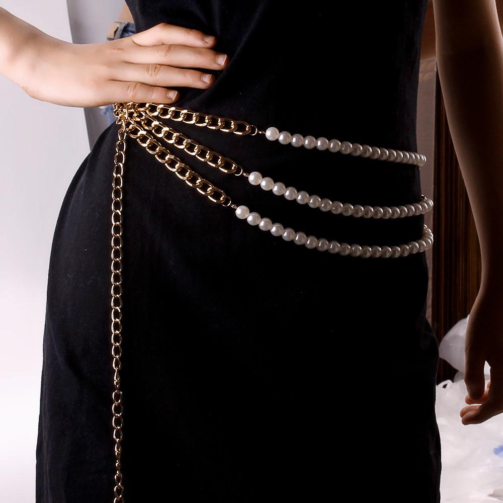 Jewelry Punk Hip Hop Geometric Asymmetric Chain Body Chain Women Retro Imitation Pearl Waist Chain