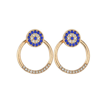 Pop Sapphire Blue Rhinestone Earrings Retro Fashion Alloy Size Round Earrings Front and Back Stud Earrings