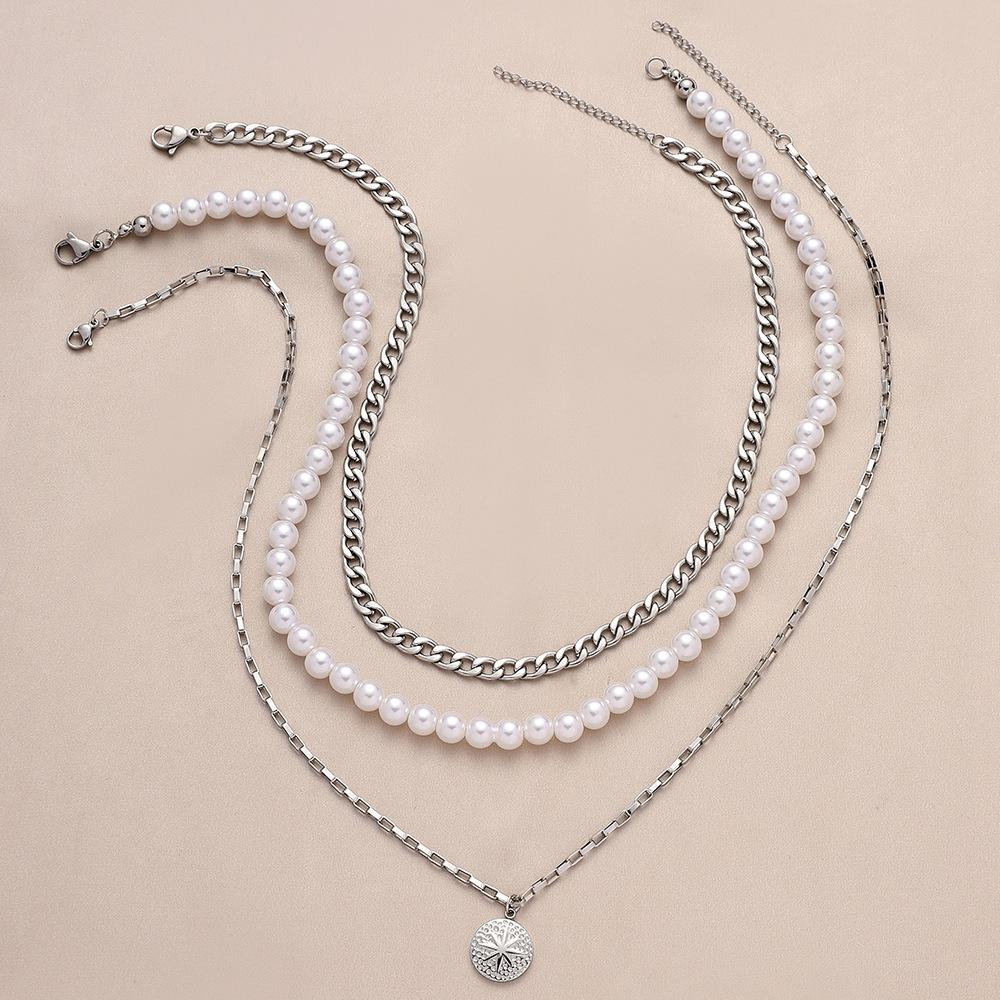 Steel color multi-layer stainless steel pearl chain exquisite sun coin pendant necklace hip-hop personality titanium steel chain