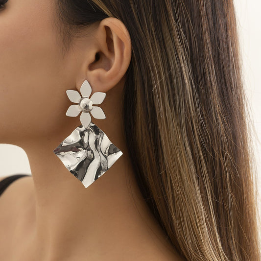 Jewelry cold folds irregular square exaggerated earrings niche geometric personality flower earrings