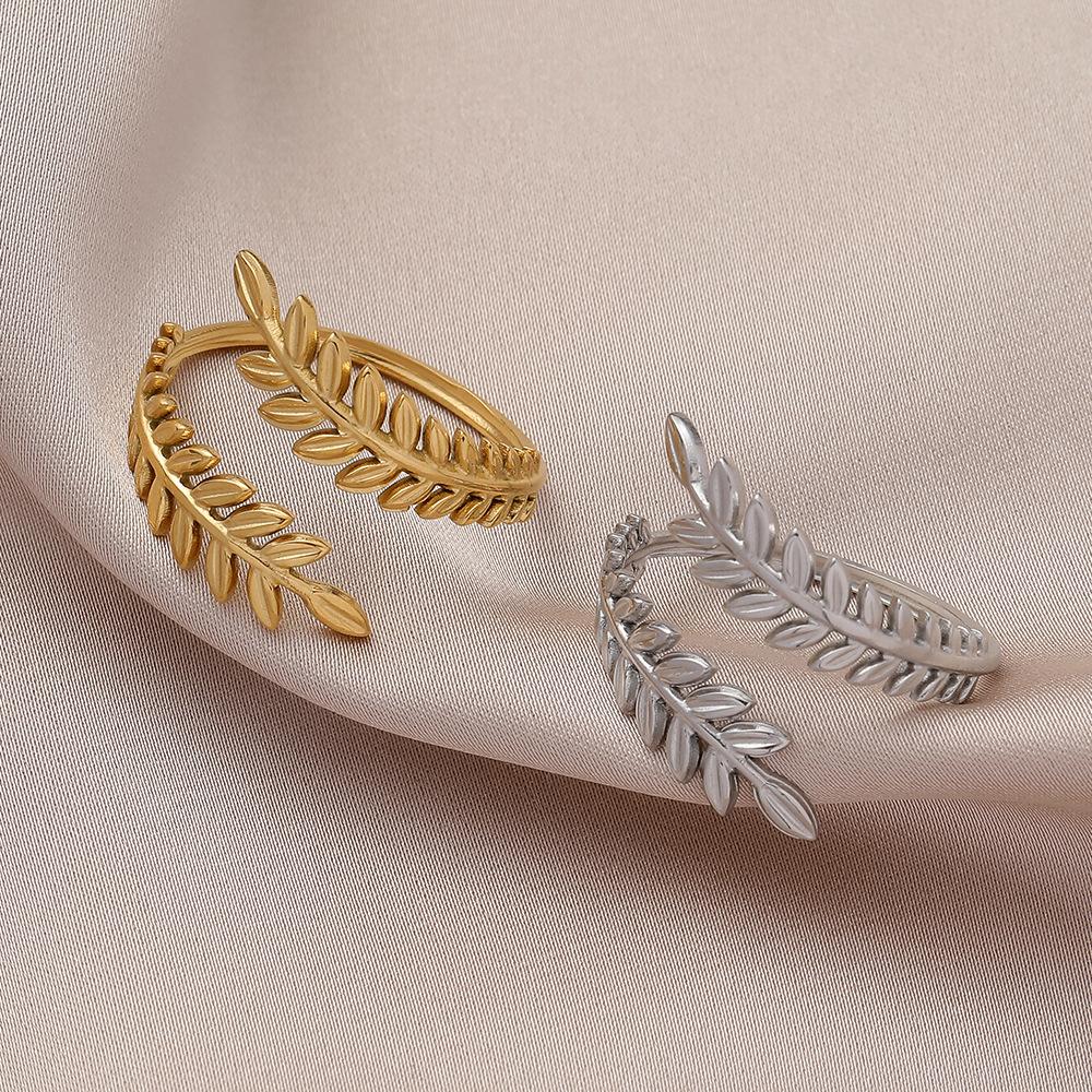 Trendy light luxury niche design stainless steel dripping oil wheat ear leaf open ring