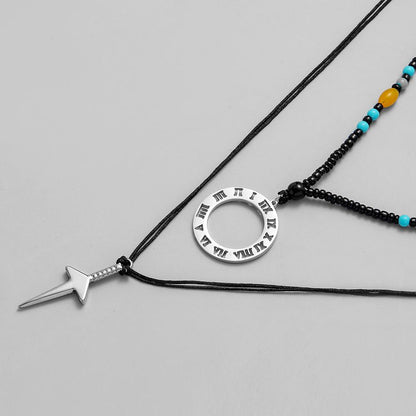 Personality Men's Double Layer Stainless Steel Sword Circle Roman Numeral Pendant Rope Bead Necklace