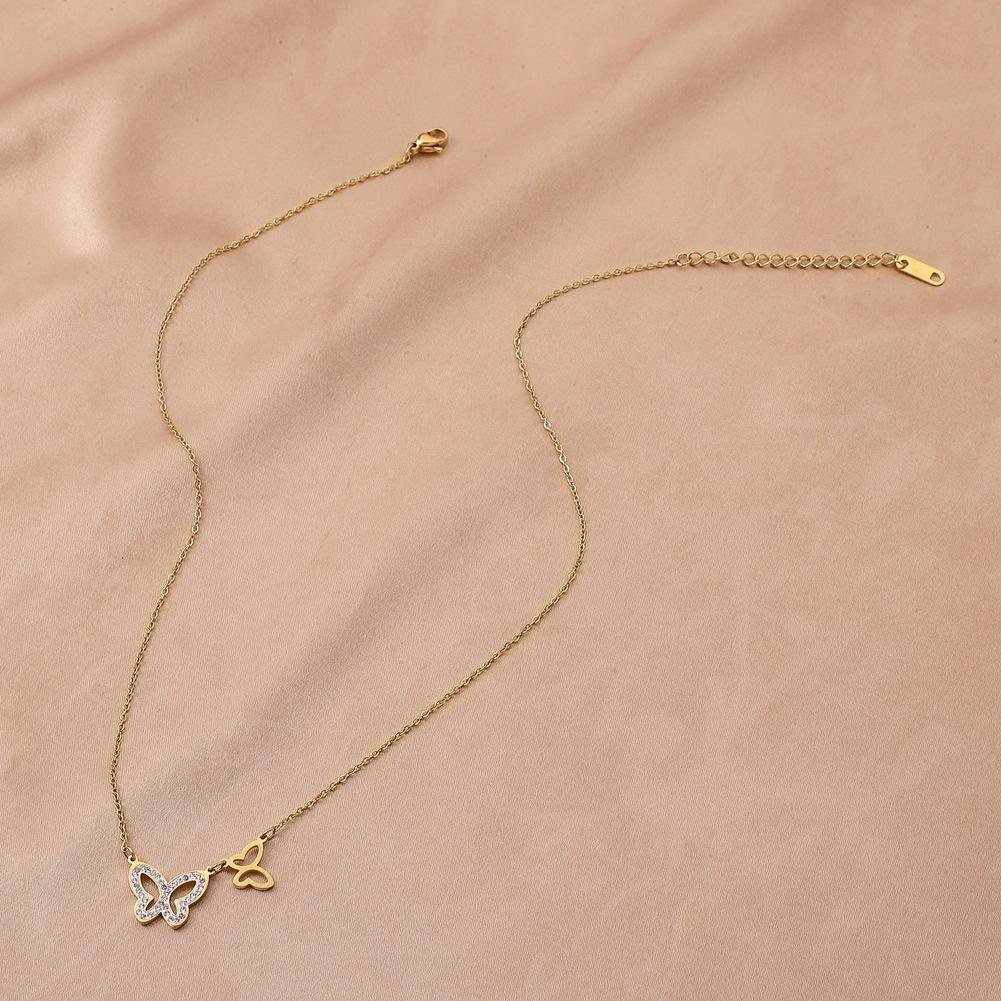 Stainless Steel Hollow Double Butterfly Full Diamond Necklace Light Luxury Niche 18K Gold Plated Titanium Steel Clavicle Chain