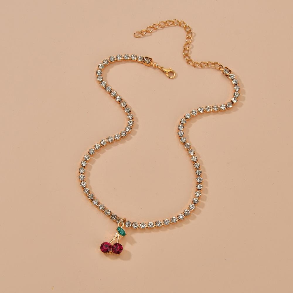 Sweet Little Cherry Pendant Necklace Female Fashion Rhinestone Short Necklace Neck Jewelry