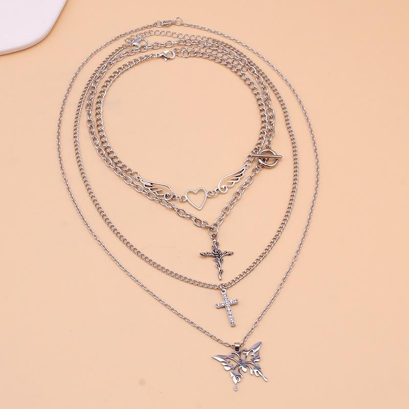 Jewelry diamond-encrusted little angel rose necklace accessories peach heart wings pendant necklace set chain