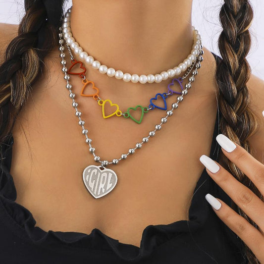 Jewelry Set Imitation Pearl Chain Necklace Punk Colorful Heart Cutout Alphabet Pendant Necklace