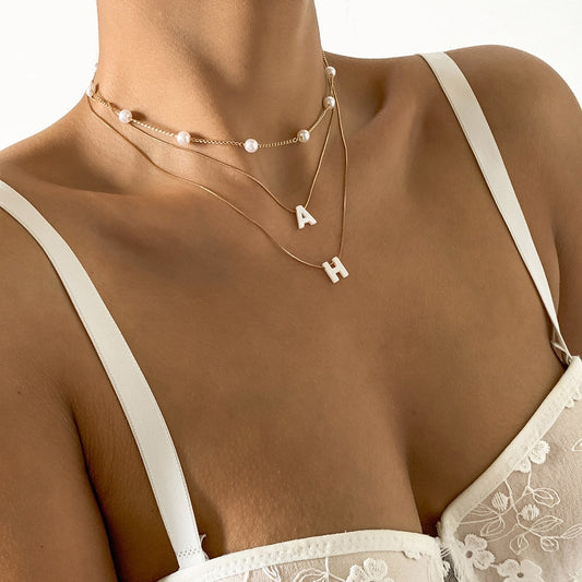 Retro palace imitation pearl thin chain necklace female simple shell letter pendant necklace
