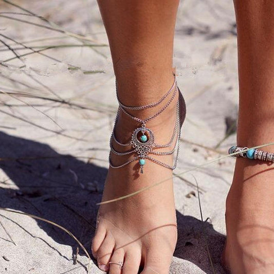 Jewelry Retro Ethnic Hollow Turquoise Water Drop Anklet Foot Jewelry for Women