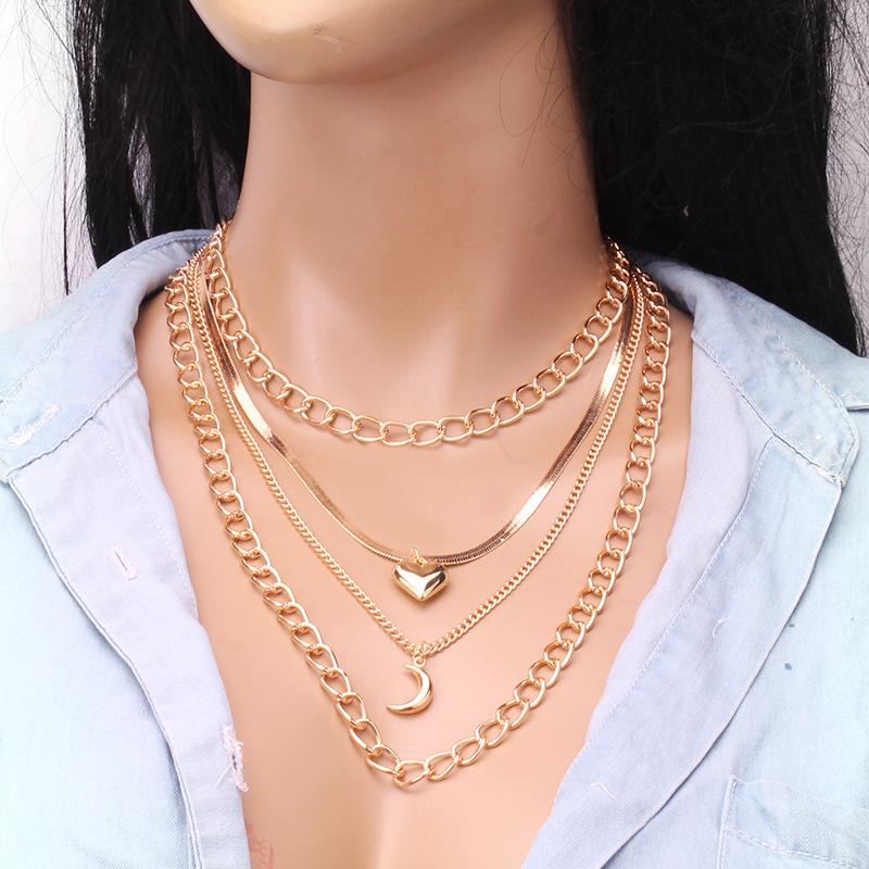 High-end multi-layer metal clavicle chain personality simple and indifferent peach heart moon pendant necklace