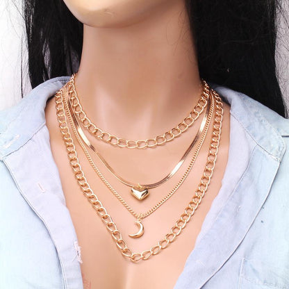 High-end multi-layer metal clavicle chain personality simple and indifferent peach heart moon pendant necklace
