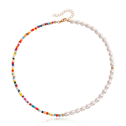 Explosive Bohemian colored rice beads imitation pearl necklace necklace female ins hand-woven necklace