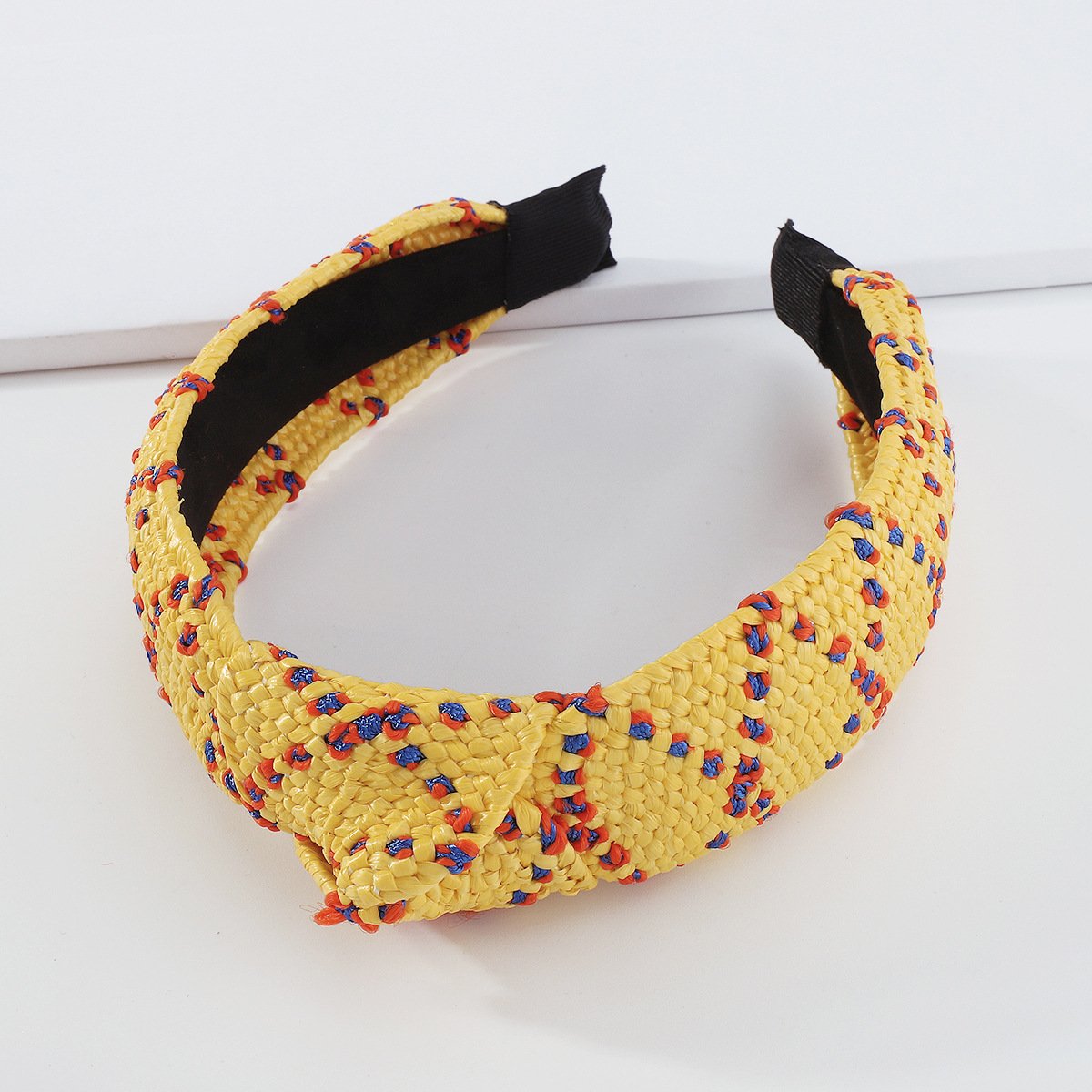 F439 Geometric headband women's raffia woven contrast color knotted headband irregular printing hair accessories